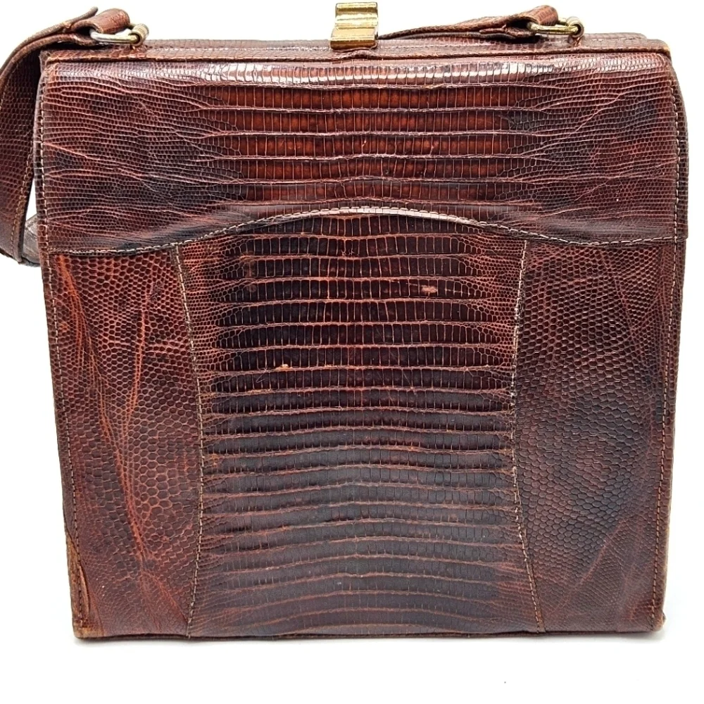 VINTAGE Sterling USA Brown Genuine Lizard Reptile Skin Handbag Purse MCM